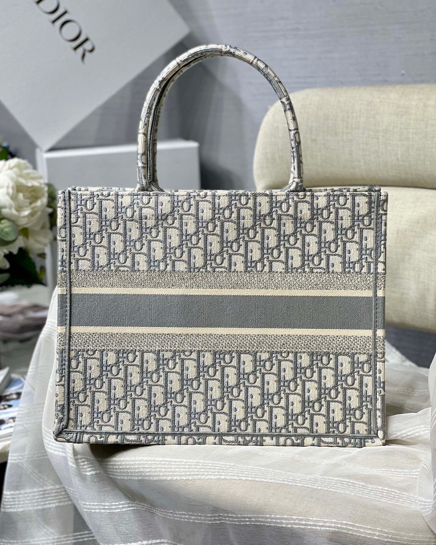 Gray Oblique Embroidery Dior Book Tote