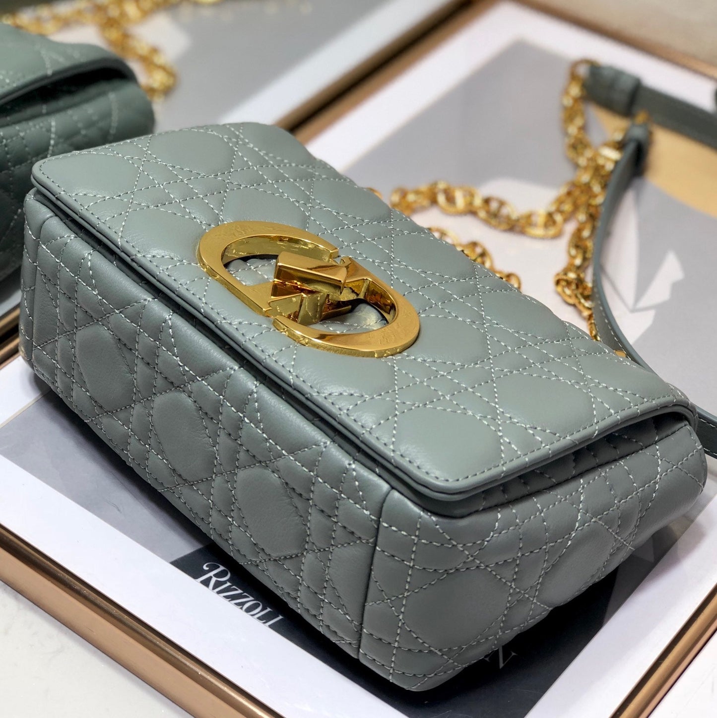 Gray Supple Cannage Calfskin Small Caro Bag