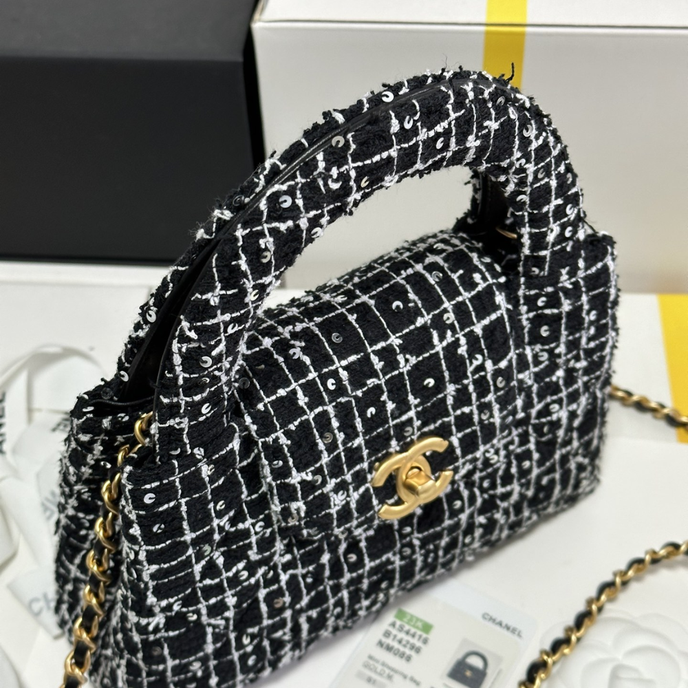 24P Kelly Tweed Sequins Black Leather Handbag for Women