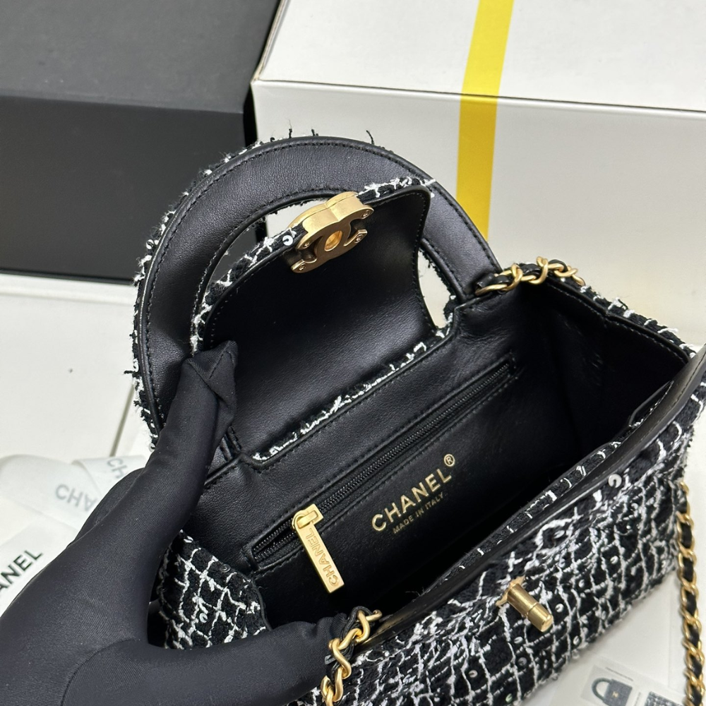 24P Kelly Tweed Sequins Black Leather Handbag for Women