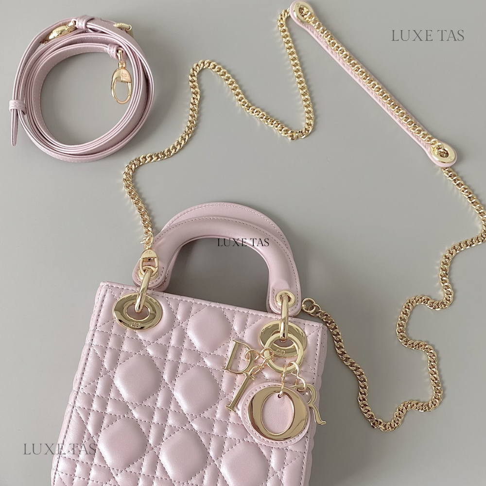 Antique Pink Cannage Lambskin Mini Lady D Bag