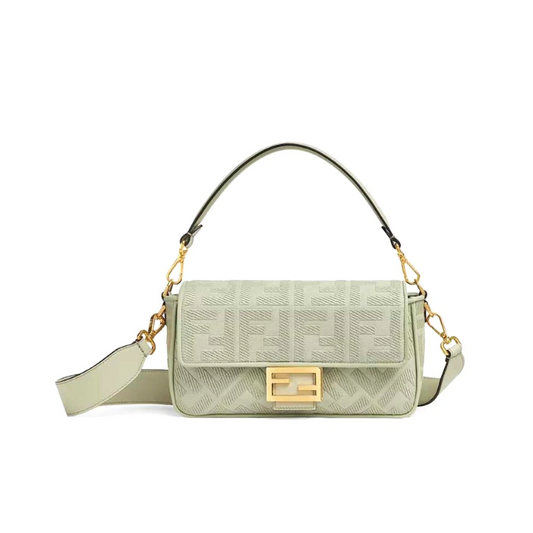 Baguette Canvas Bag With FF Embroidery Light Green Handbag for Women