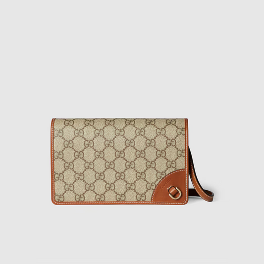 Beige And Dark Brown GG Emblem Wallet With Leather Strap Leather Wallet for Women