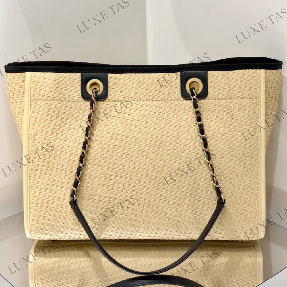 Beige & Black Straw Raffia Calfskin Chain Large Tote