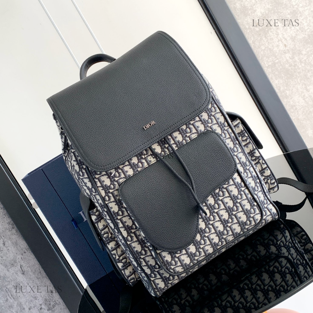 Beige and Black D Oblique Jacquard and Black Grained Calfskin Saddle Backpack - Leather Backpack for Men