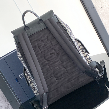 Beige and Black D Oblique Jacquard and Black Grained Calfskin Saddle Backpack - Leather Backpack for Men