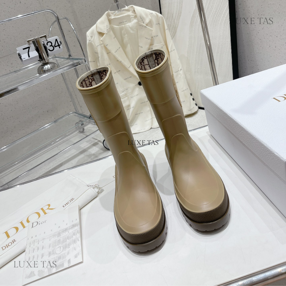 Beige and Brown Two-Tone Rubber DRunion Rain Boot  - Designer Boots & Ankle Boots for Women