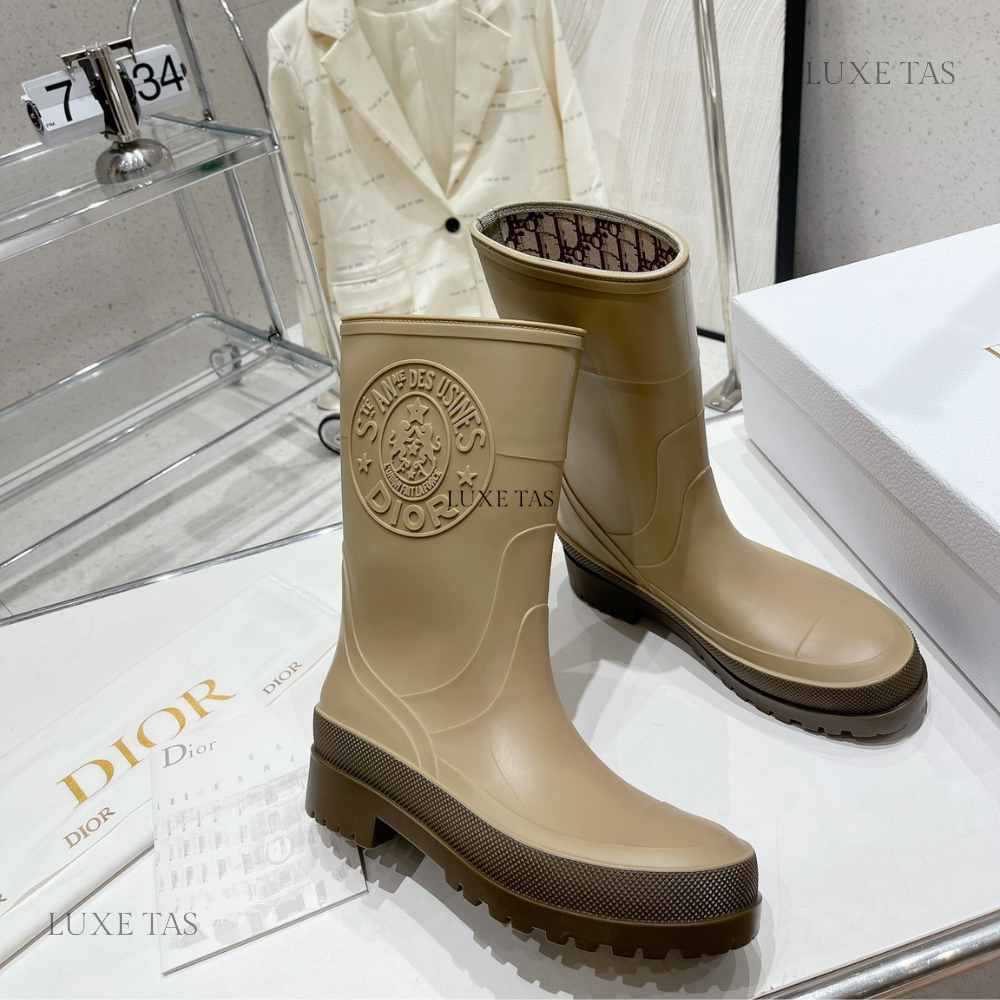 Beige and Brown Two-Tone Rubber DRunion Rain Boot  - Designer Boots & Ankle Boots for Women