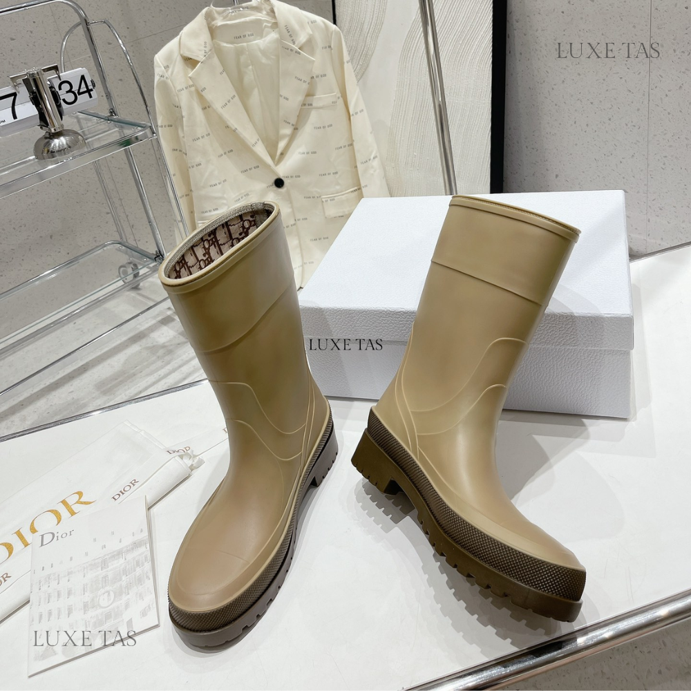 Beige and Brown Two-Tone Rubber DRunion Rain Boot  - Designer Boots & Ankle Boots for Women