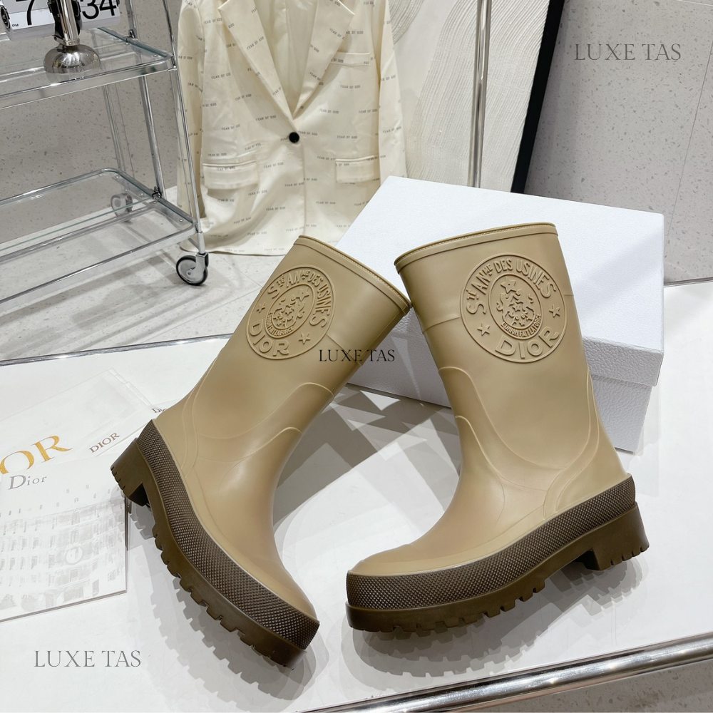 Beige and Brown Two-Tone Rubber DRunion Rain Boot  - Designer Boots & Ankle Boots for Women