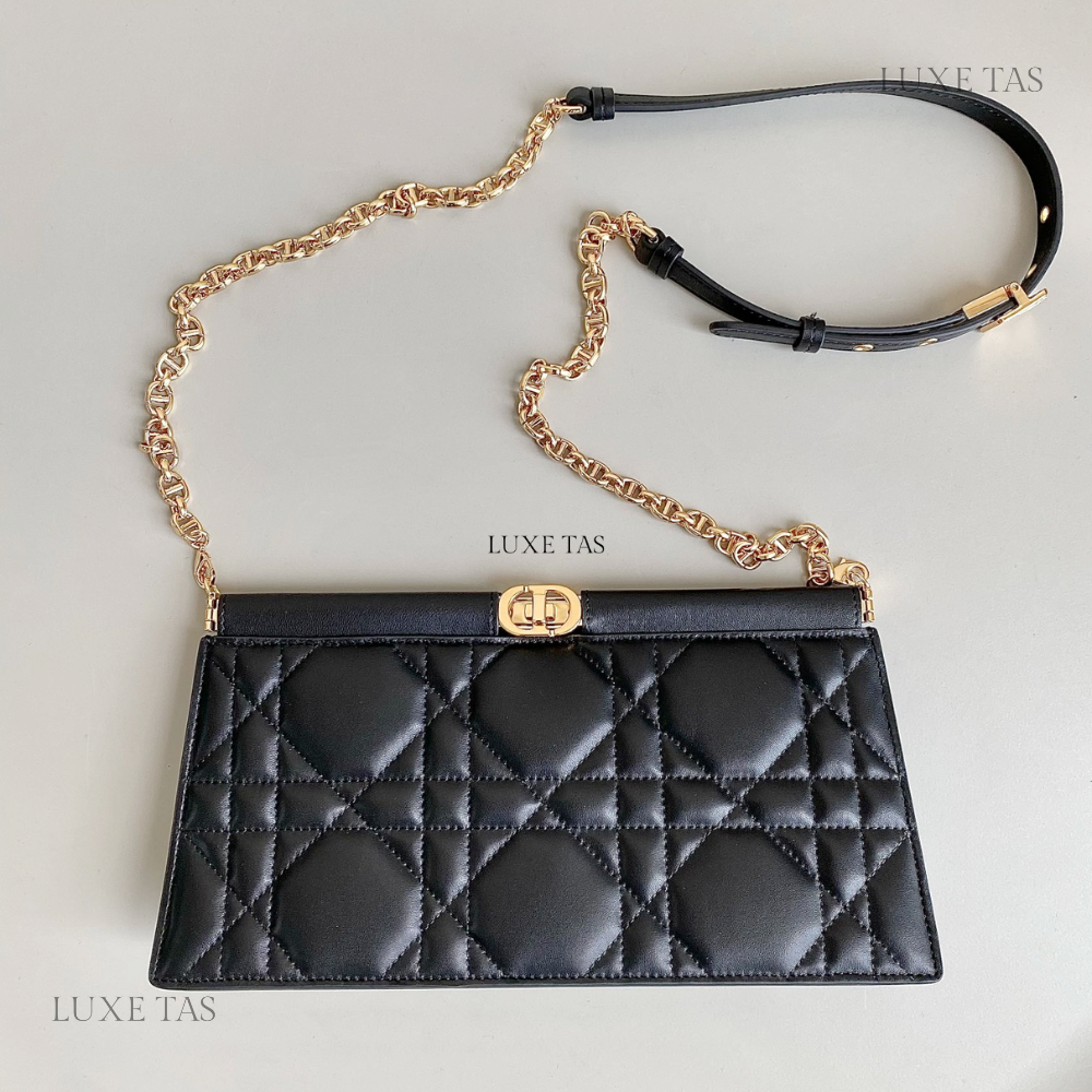 Black Cannage Lambskin D Caro Colle Noire Clutch with Chain - Leather Crossbody Bag for Women