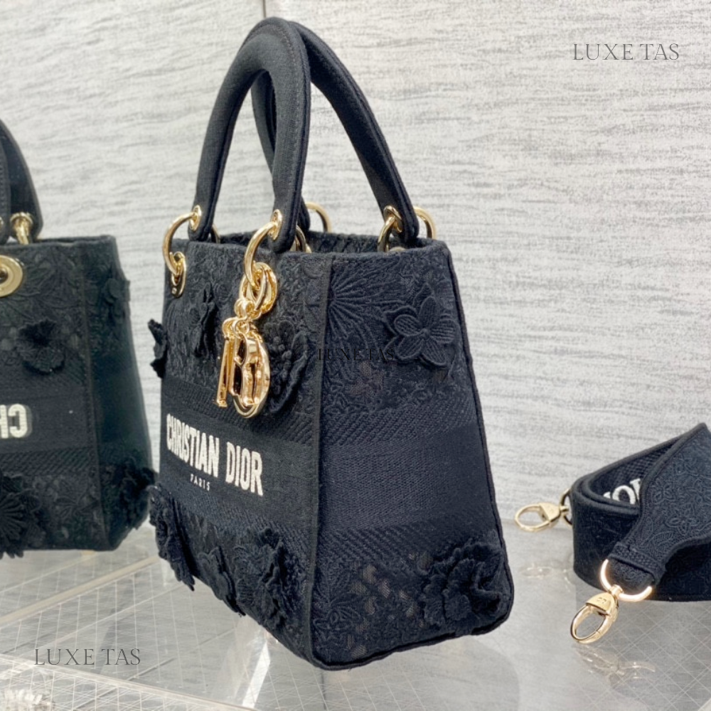 Black D-Lace Embroidery Medium Lady D-Lite Bag - Leather Handbag for Women
