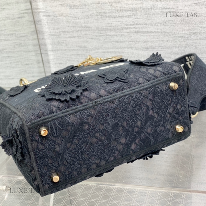 Black D-Lace Embroidery Medium Lady D-Lite Bag - Leather Handbag for Women