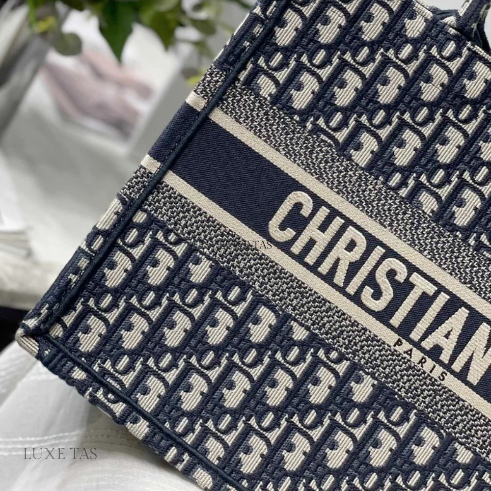 Christian Dior Book Small Oblique Embroidery Tote Bag Blue