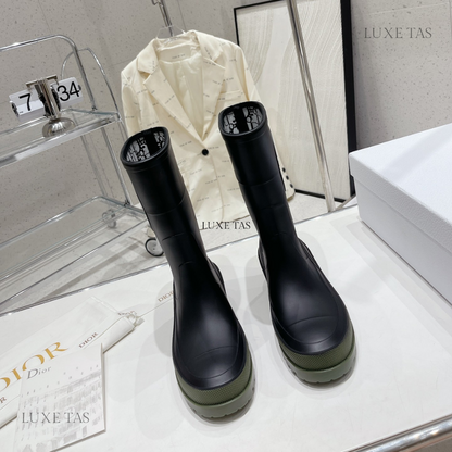 Black and Khaki Two-Tone Rubber DRunion Rain Boot  - Designer Boots & Ankle Boots for Women