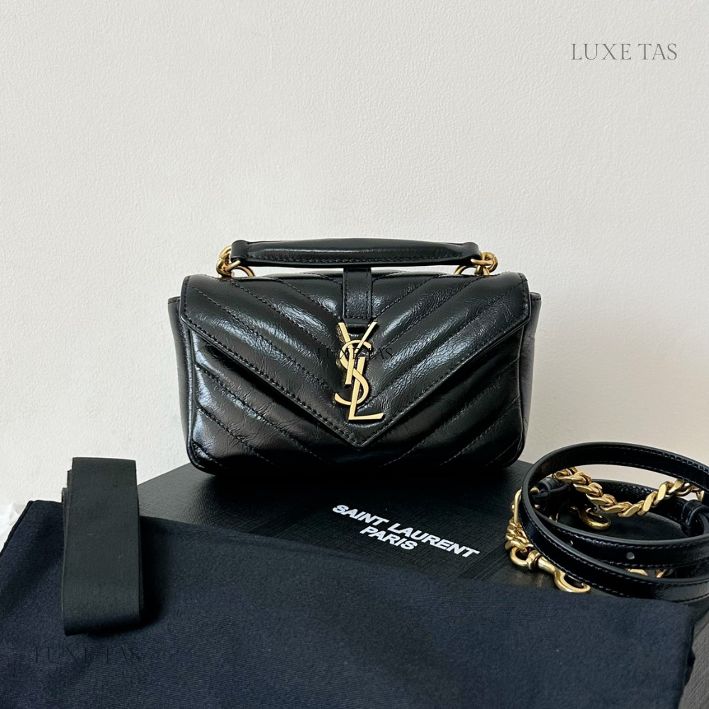 College Mini Chain Bag for Women – Shiny Crackled Leather with Gold Hardware