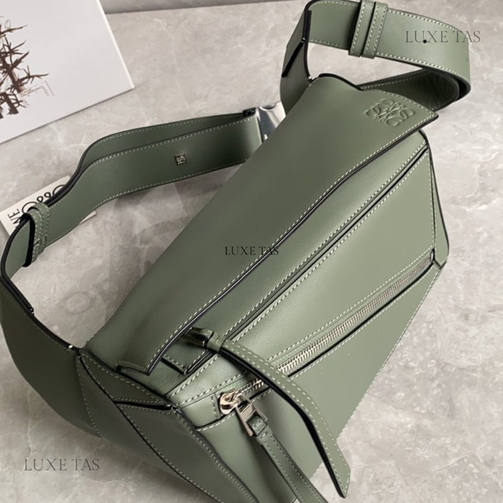 Dark Sage Small Puzzle Bumbag In Classic Calfskin - Leather Crossbody Bag for Men