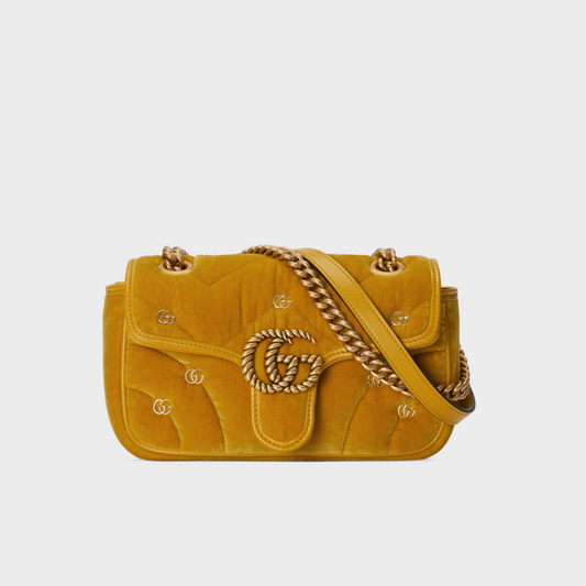 Dark Yellow Quilted Chevron Velvet GG Marmont Mini Shoulder Bag - Leather Shoulder Bag for Women