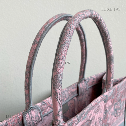Gray and Pink Toile de Jouy Reverse Mykonos Embroidery Larg D Book Tote