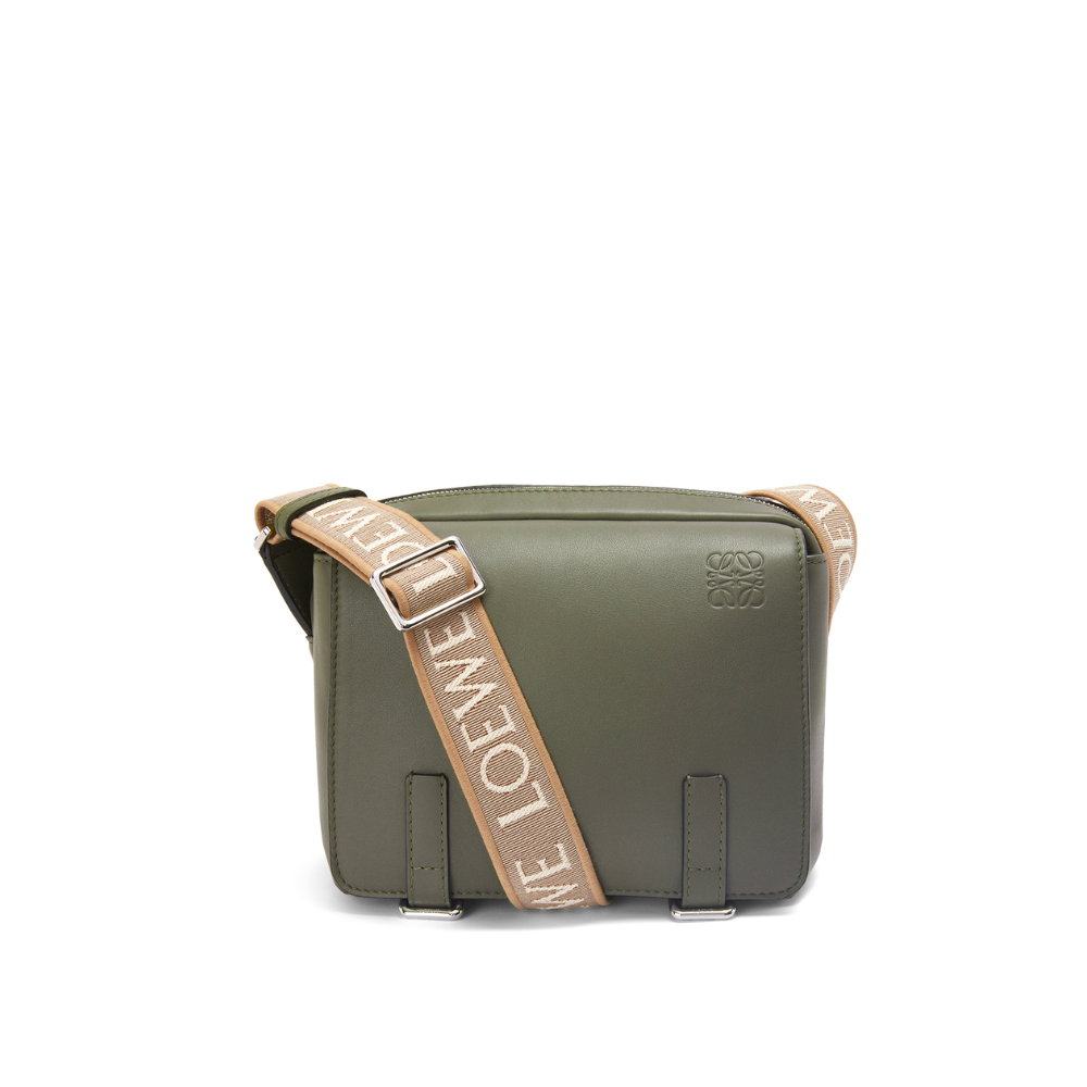 Khaki Green Xs Military Messenger Bag In Supple Smooth Calfskin And Jacquard - Leather Crossbody Bag for Men