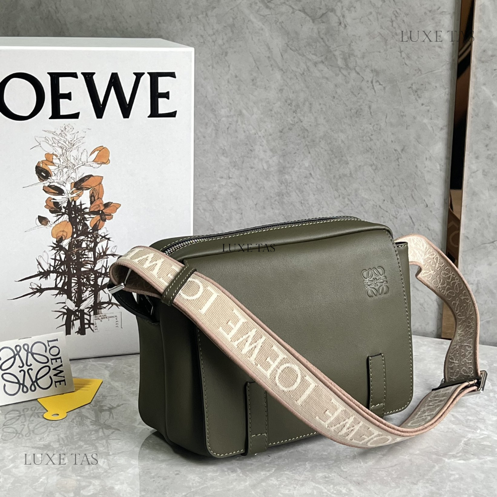 Khaki Green Xs Military Messenger Bag In Supple Smooth Calfskin And Jacquard - Leather Crossbody Bag for Men