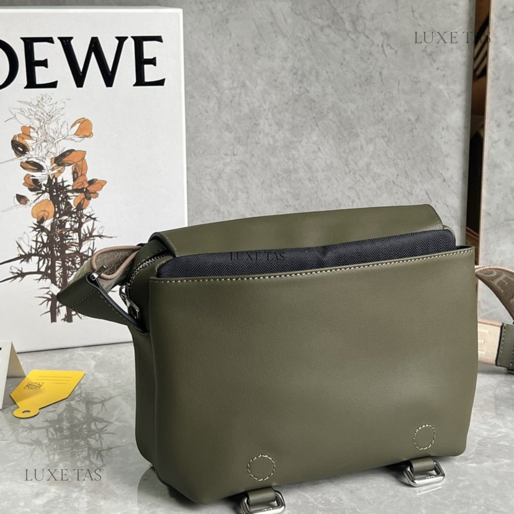 Khaki Green Xs Military Messenger Bag In Supple Smooth Calfskin And Jacquard - Leather Crossbody Bag for Men