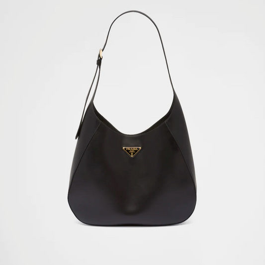 Large Leather Shoulder Bag With Topstitching Black