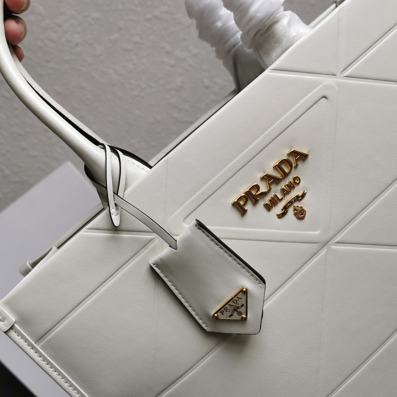 Medium Leather PRD Symbole Bag With Topstitching White