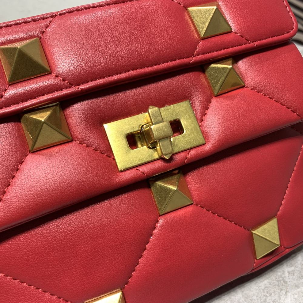 Medium Roman Stud Red Leather Shoulder Bag for Women