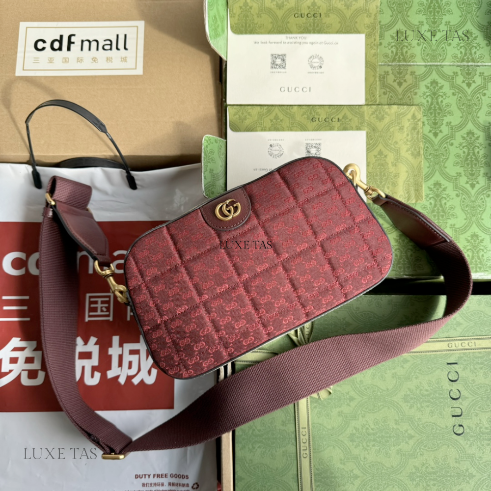Burgundy Quilted Mini GG Canvas Small Crossbody Bag - Leather Crossbody Bag for Men