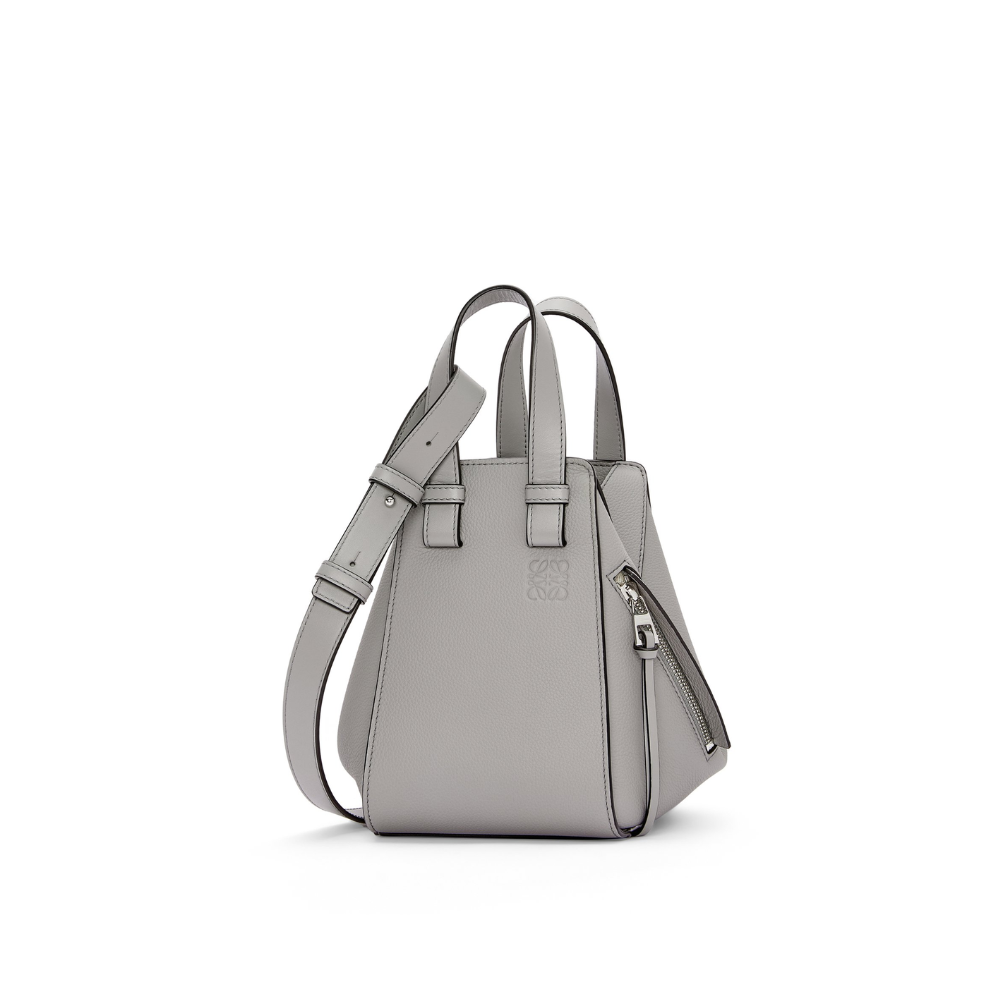 Pearl Grey Compact Hammock Bag In Soft Grained Calfskin - Leather Crossbody Bag for Women