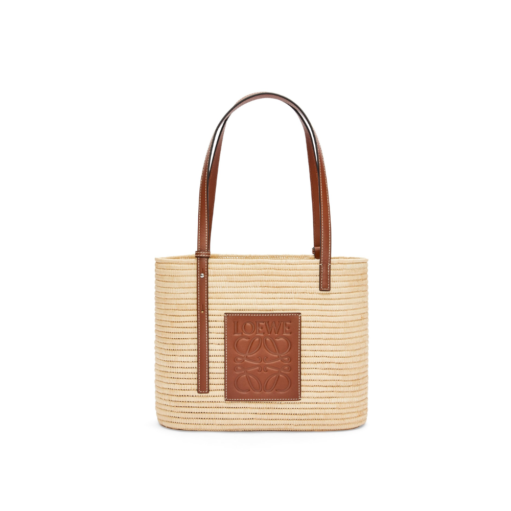 Pecan Small Square Basket Bag In Raffia And Calfskin - Leather Tote Bag for Women