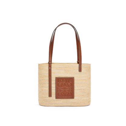 Pecan Small Square Basket Bag In Raffia And Calfskin - Leather Tote Bag for Women