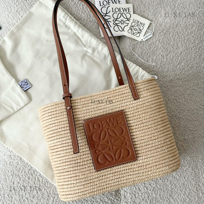 Pecan Small Square Basket Bag In Raffia And Calfskin - Leather Tote Bag for Women