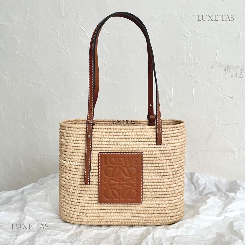 Pecan Small Square Basket Bag In Raffia And Calfskin - Leather Tote Bag for Women