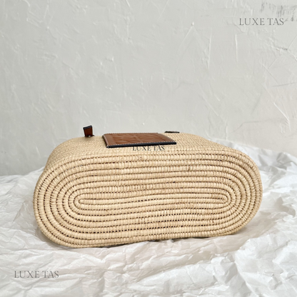 Pecan Small Square Basket Bag In Raffia And Calfskin - Leather Tote Bag for Women