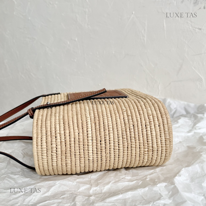 Pecan Small Square Basket Bag In Raffia And Calfskin - Leather Tote Bag for Women