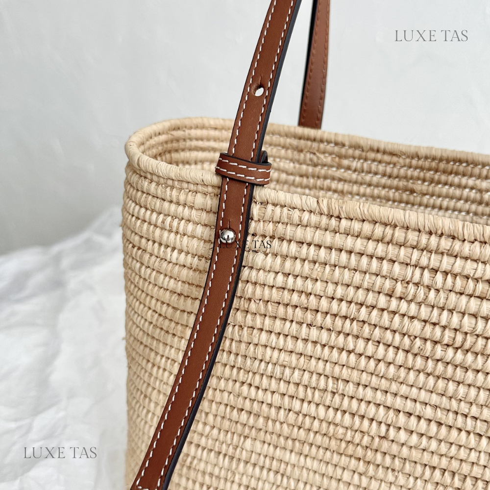 Pecan Small Square Basket Bag In Raffia And Calfskin - Leather Tote Bag for Women