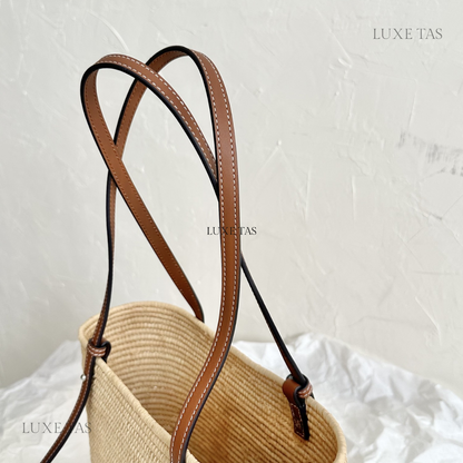 Pecan Small Square Basket Bag In Raffia And Calfskin - Leather Tote Bag for Women