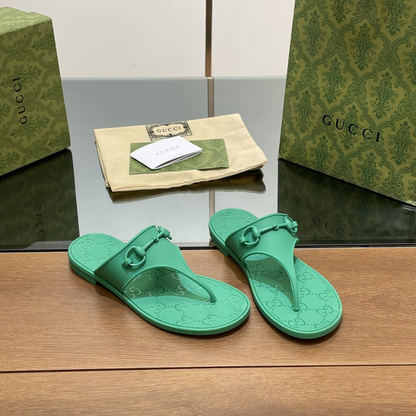 Sandal With Horsebit Green Rubber Designer Slides & Sandals for Women