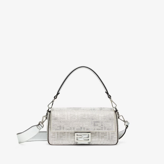 Silver Leather Bag With Crystal FF Motif Baguette - Leather Handbag for Women