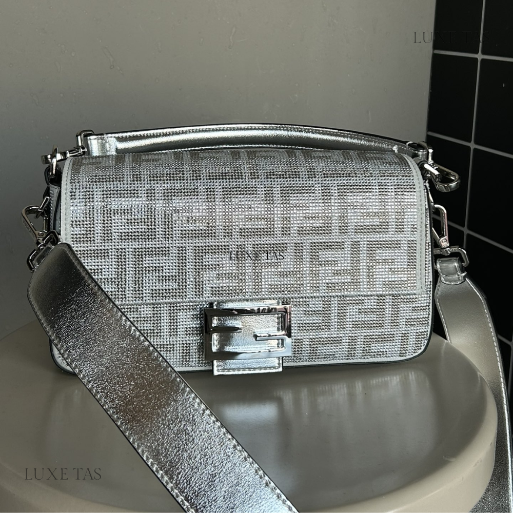Silver Leather Bag With Crystal FF Motif Baguette - Leather Handbag for Women
