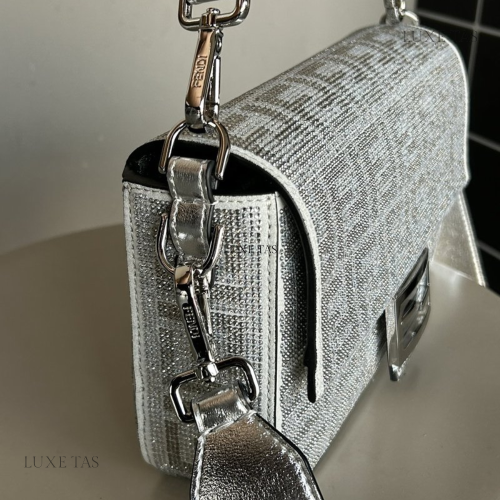 Silver Leather Bag With Crystal FF Motif Baguette - Leather Handbag for Women