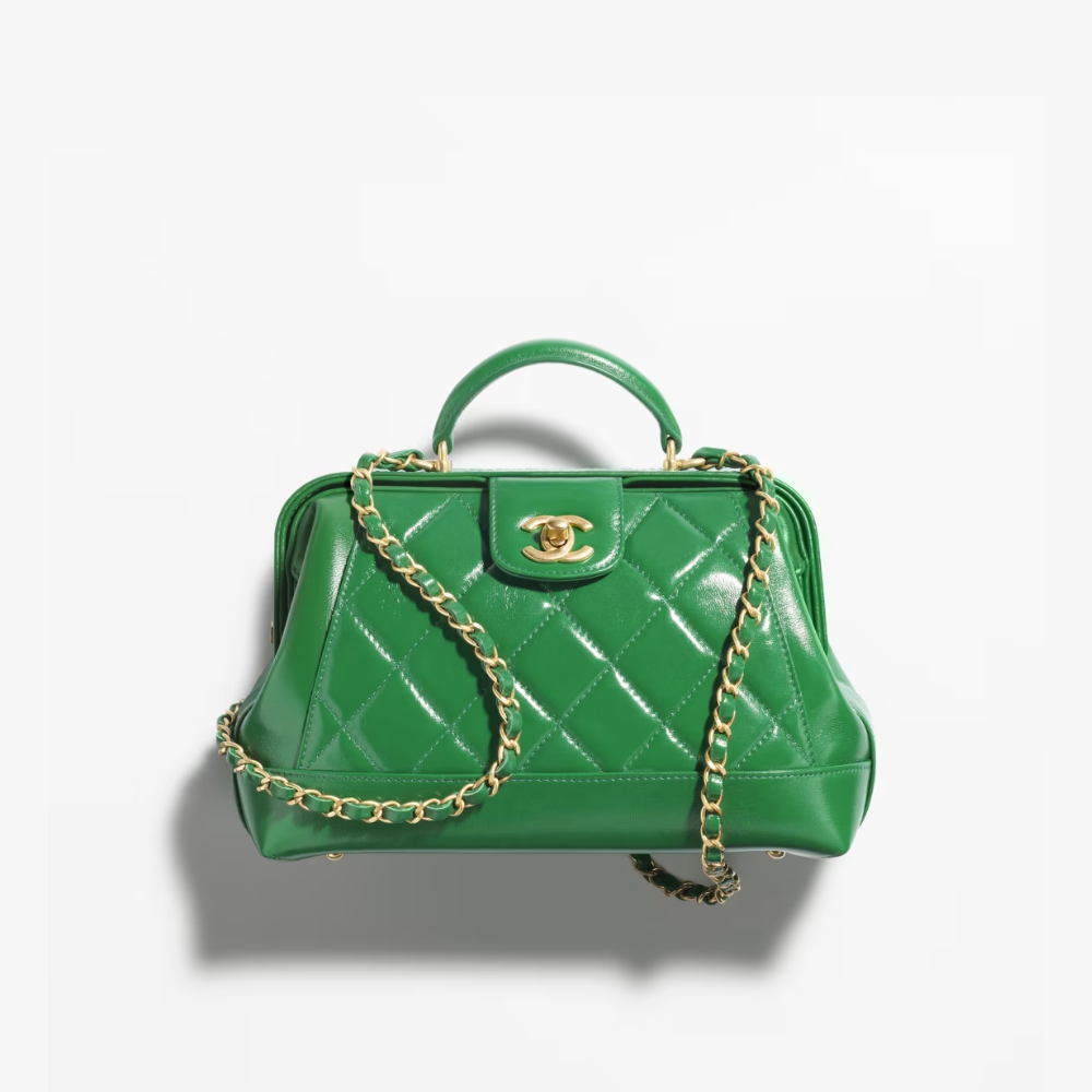 Small Bag With Top Handle Shiny Lambskin Green Leather Handbag for Women