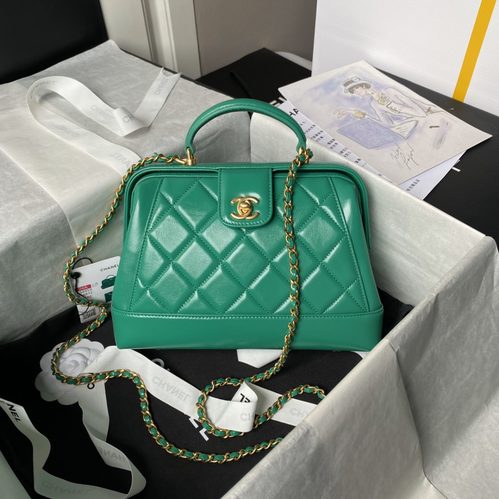 Small Bag With Top Handle Shiny Lambskin Green Leather Handbag for Women