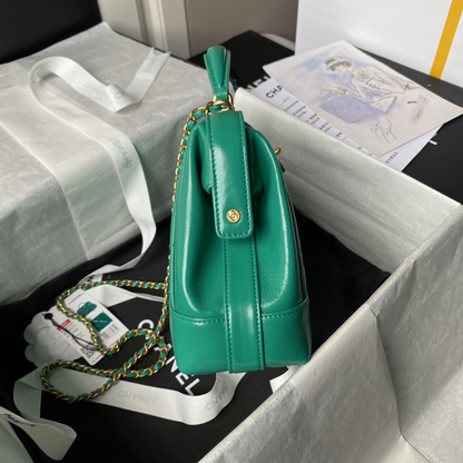 Small Bag With Top Handle Shiny Lambskin Green Leather Handbag for Women