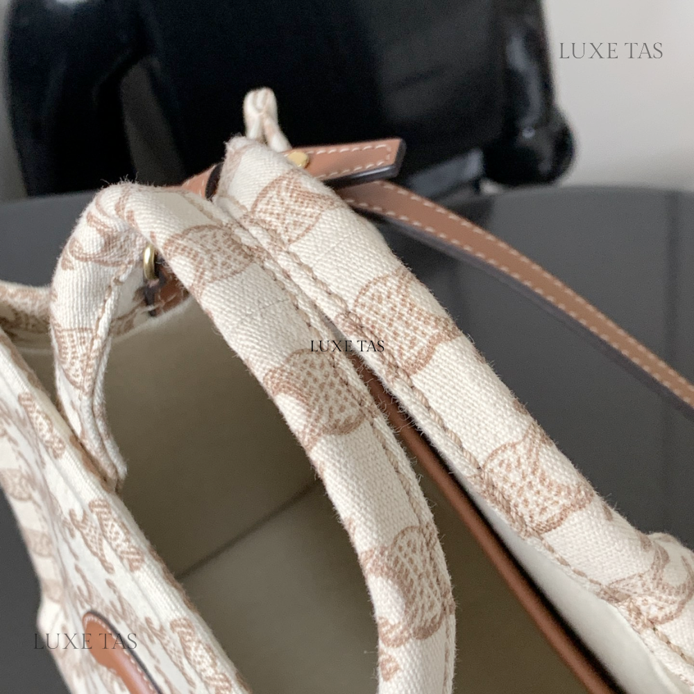 Small Cabas Thais In Textile With Triomphe Canvas Print And Calfskin White