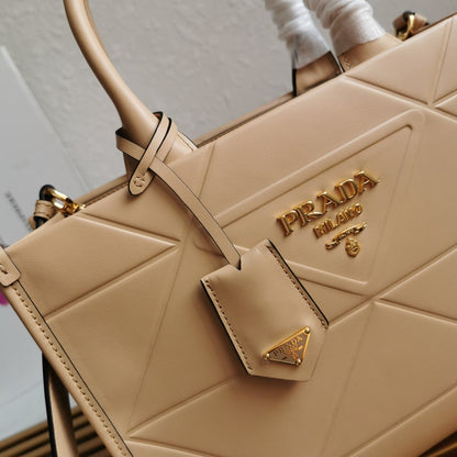 Small Leather PRD Symbole Bag With Topstitching Sand Beige