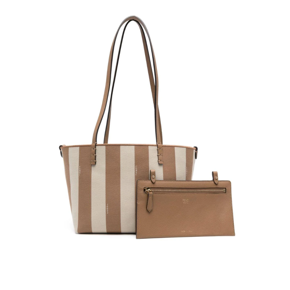 Small Roll Reversible shopper in Pequin striped and brown FF fabric Leather Tote Bag for Women