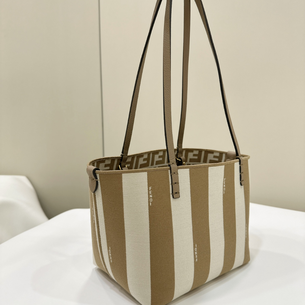 Small Roll Reversible shopper in Pequin striped and brown FF fabric Leather Tote Bag for Women